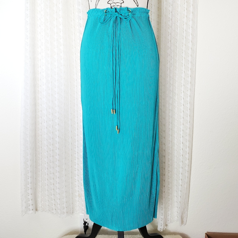(NEW) Diane Von Furstenberg Chania Maxi DrawString Waist Pleated Skirt Teal Sz 2